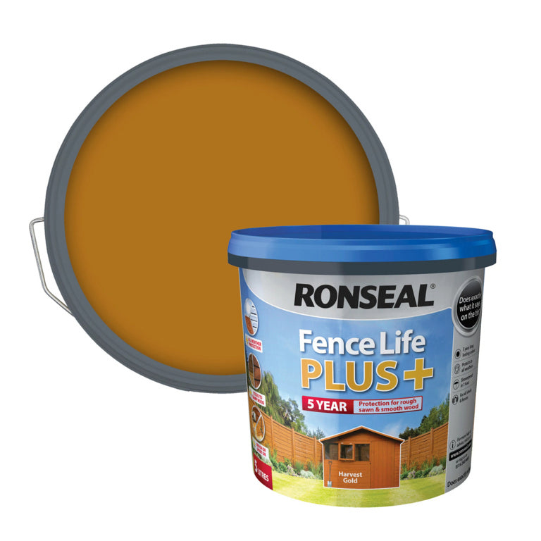 RONSEAL FENCE LIFE PLUS FENCE & SHED WOOD PAINT HARVEST GOLD 5LTR \\\KD33733