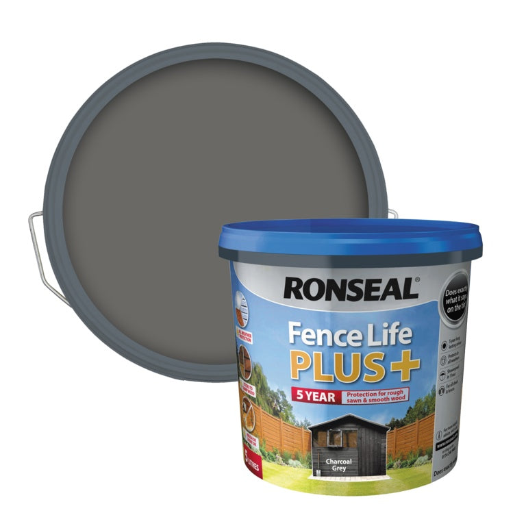 RONSEAL FENCE LIFE PLUS FENCE & SHED WOOD PAINT CHARCOAL GREY 5LTR \\\KD33734