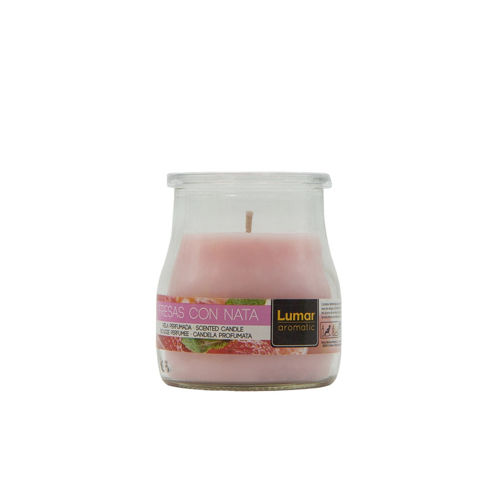 LUMAR AROMATIC STRAWBERRY & CREAM SCENTED YOGURT GLASS CANDLE JAR 100GM 24HRS \\\KD33779