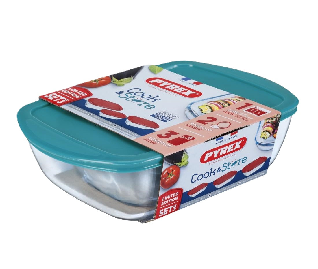 PYREX COOK & STORE 3 PIECE GREEN LID SET 0.4LTR X 1.2LTR X 2.5LTR \\\KD33805