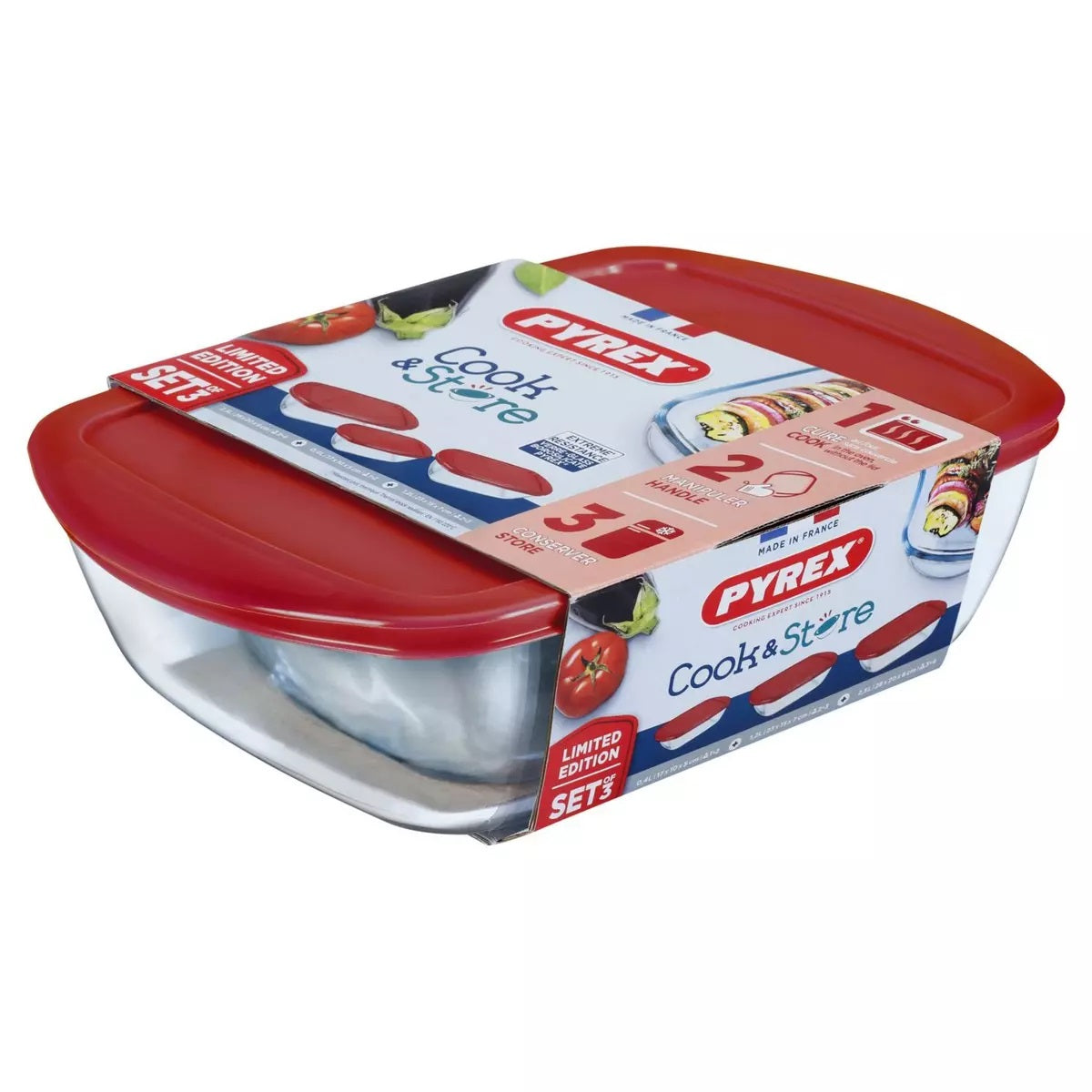 PYREX COOK & STORE 3 PIECE RED LID SET 0.4LTR X 1.2LTR X 2.5LTR \\\KD33807
