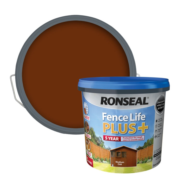 RONSEAL FENCE LIFE PLUS FENCE & SHED WOOD PAINT MEDIUM OAK 5LTR \\\KD33886