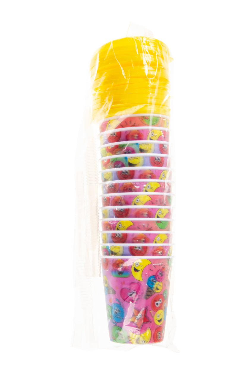 EMAOTION FACES THEME 3D CUPS WITH STRAW AND LID 12/PK \\\KD33991