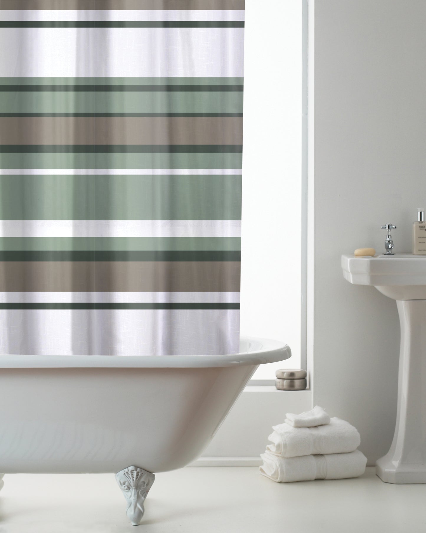 COUNTRYCLUB PEVA SHOWER CURTAIN WITH HOOKS SAGE STRIPE 180 X 180CM \\\KD34278