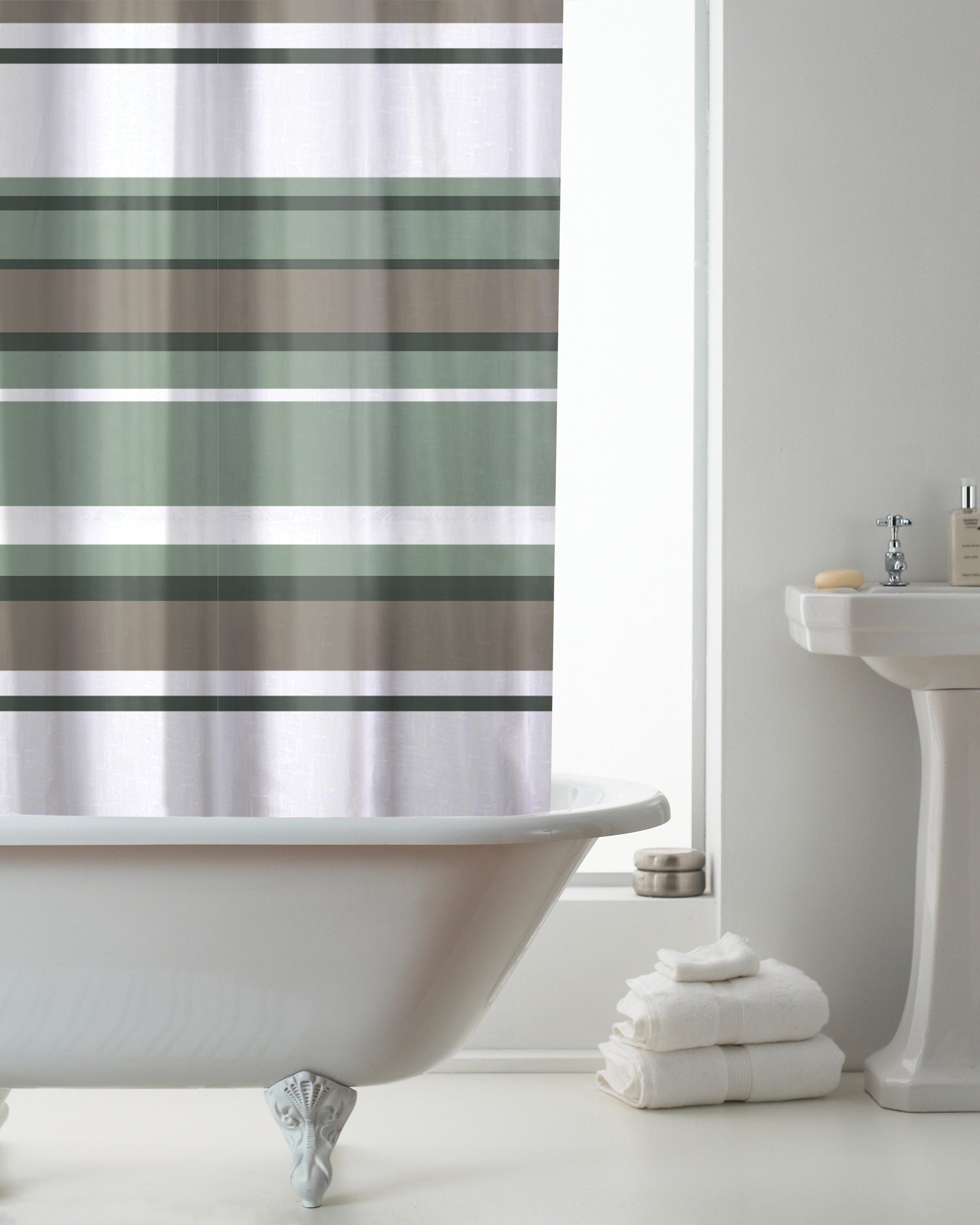 COUNTRYCLUB PEVA SHOWER CURTAIN WITH HOOKS SAGE STRIPE 180 X 180CM \\\KD34278