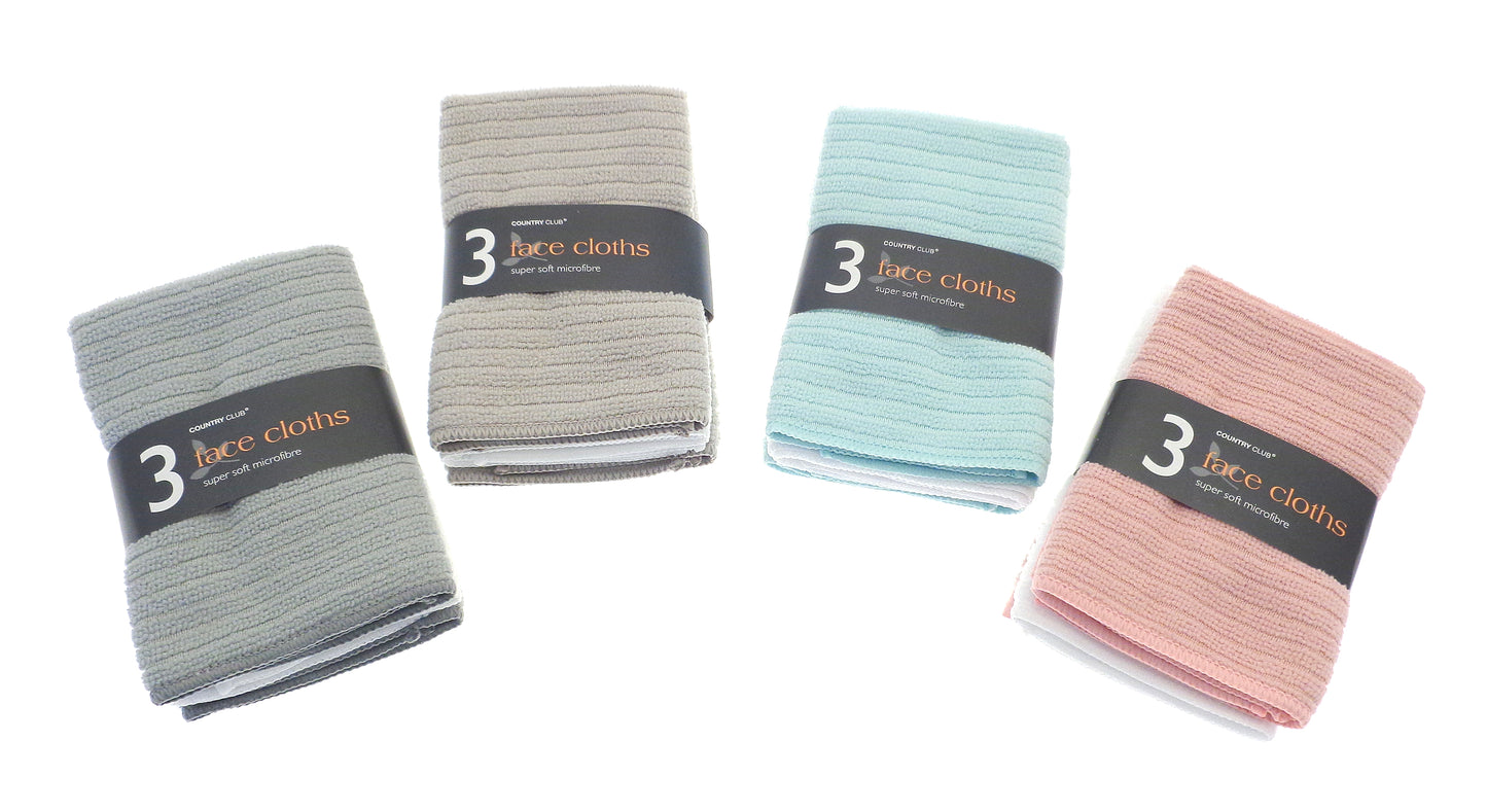 COUNTRY CLUB ASSORTED MICROFIBRE FACE CLOTH 3/PK. PTF115820 \\\KD34283