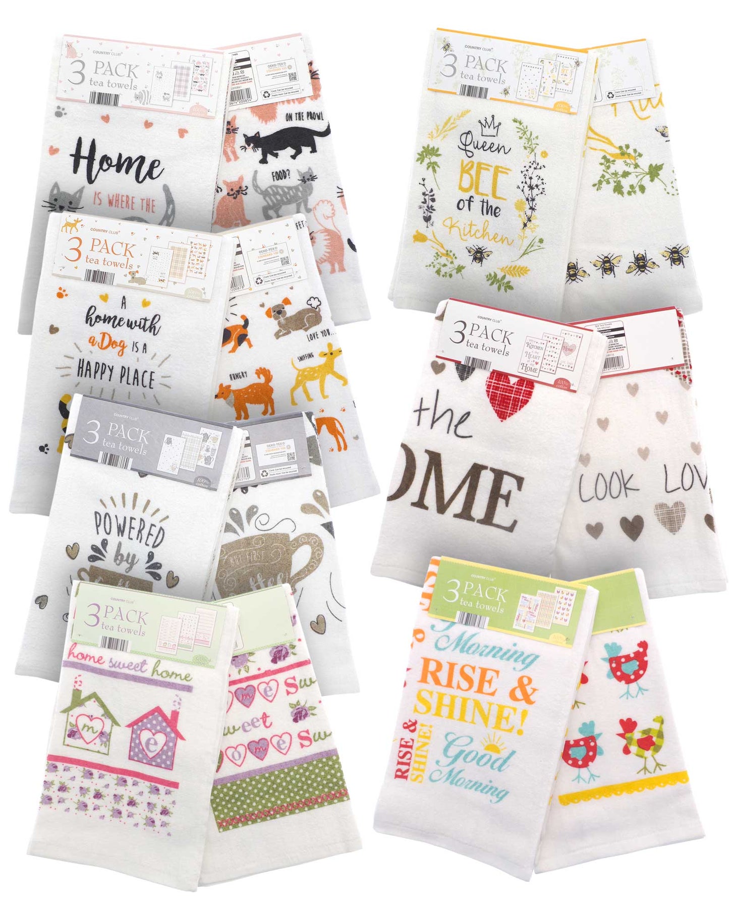 COUNTRY CLUB  ASSORTED DEISGN TEA TOWELS 3/PK \\\KD34300