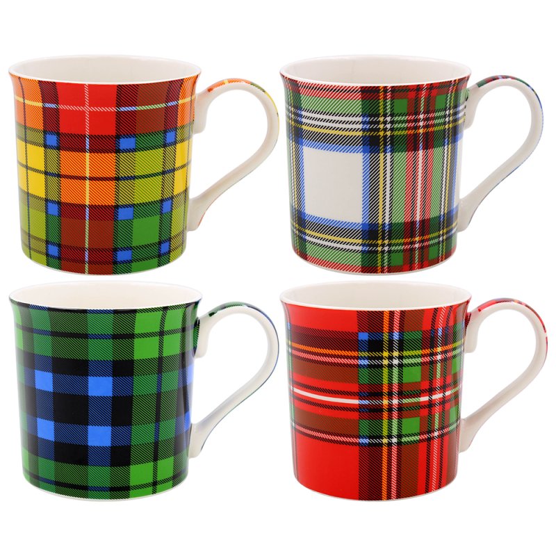 THE LEONARDO COLLECTION TARTAN ASSORTED CERAMIC COFFEE MUGS SET OF 4 \\\KD34356