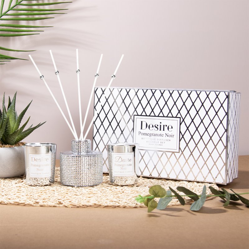 DESIRE POMEGRANATE NOIR SILVER DIAMANTE DIFFUSER AND SCENTED CANDLE 100ML \\\KD34359