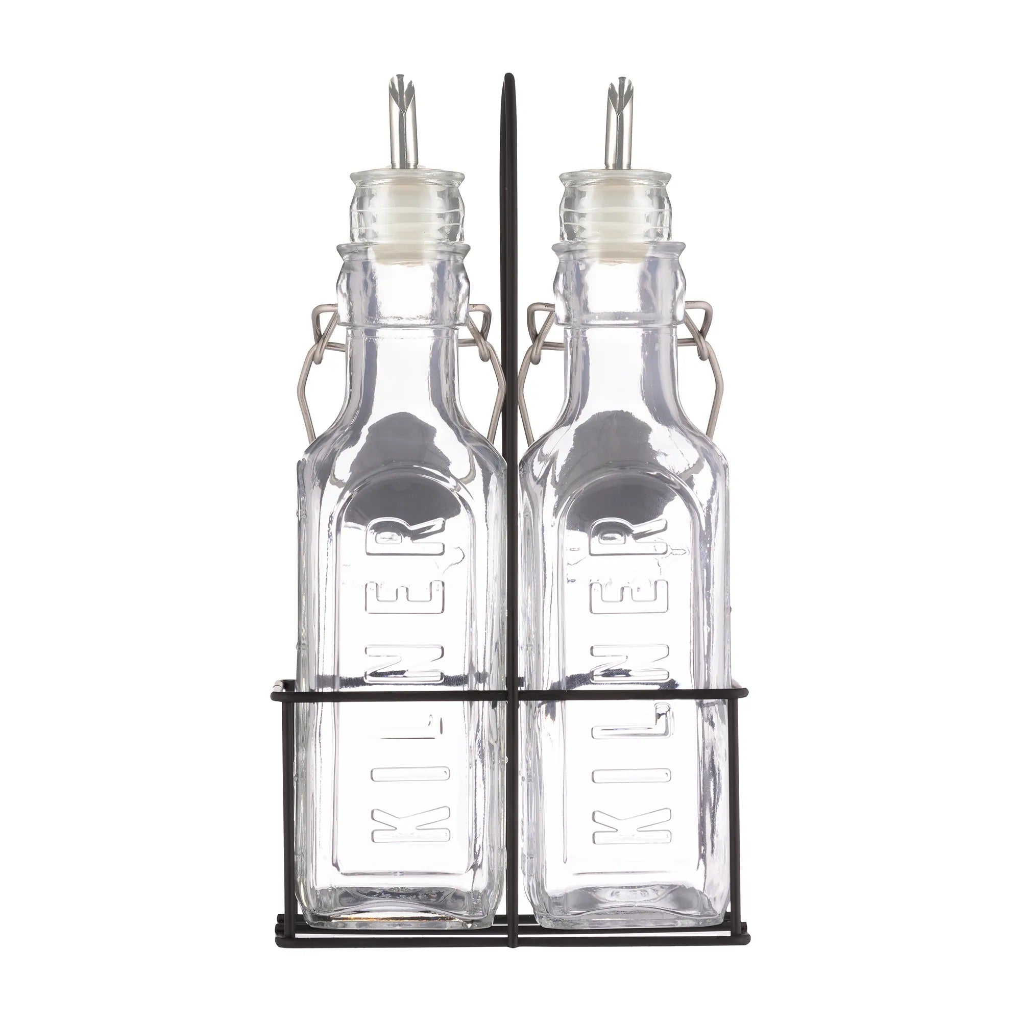 KILNER SET OF 2 OIL BOTTLES & METAL RACK 0.6LTR \\\KD34364