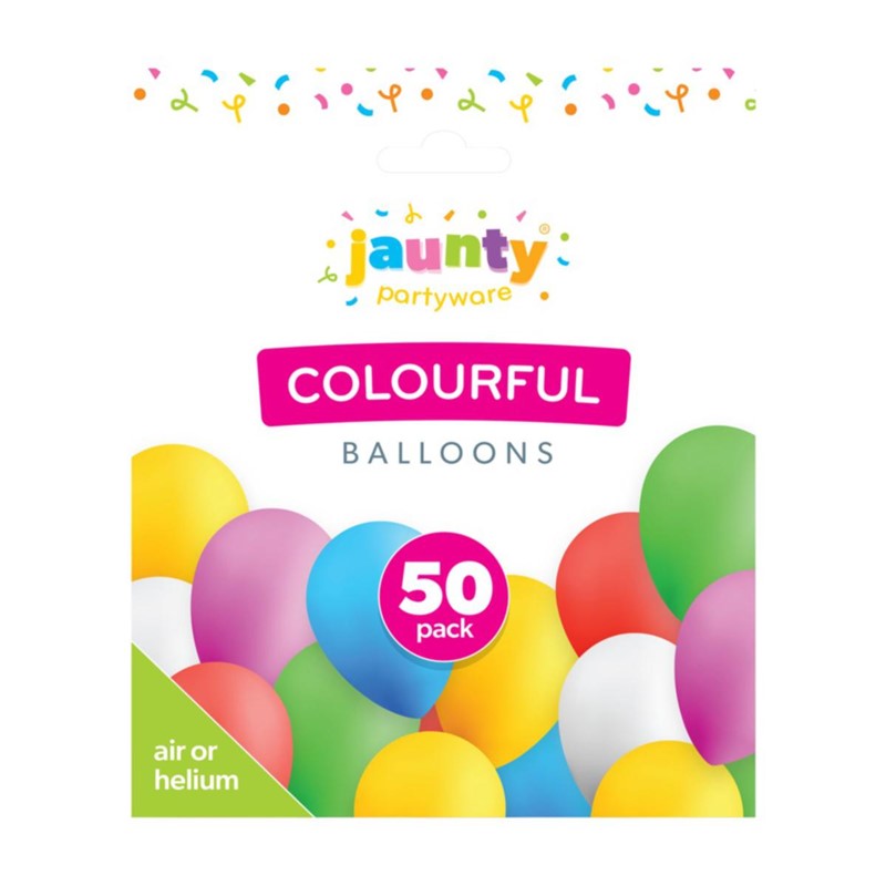 JAUNTY PARTY WARE ASSORTED COLOURFUL HELIUM BALLOONS 50/PK \\\KD34372