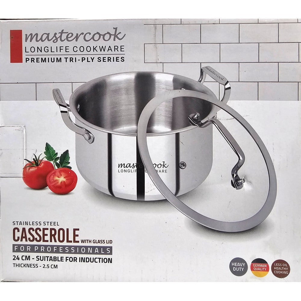 MASTERCOOK TRI-PLY STAINLESS STEEL CASSEROLE WITH GLASS LID 24CM \\\KD34393