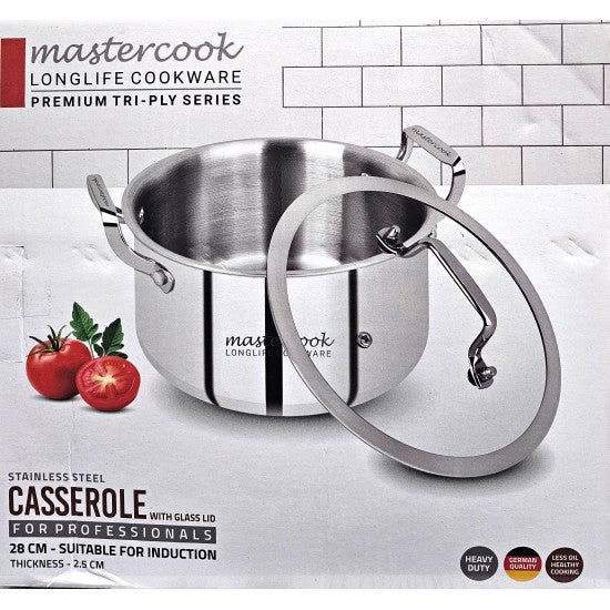 MASTERCOOK TRI-PLY STAINLESS STEEL CASSEROLE WITH GLASS LID 28CM \\\KD34394