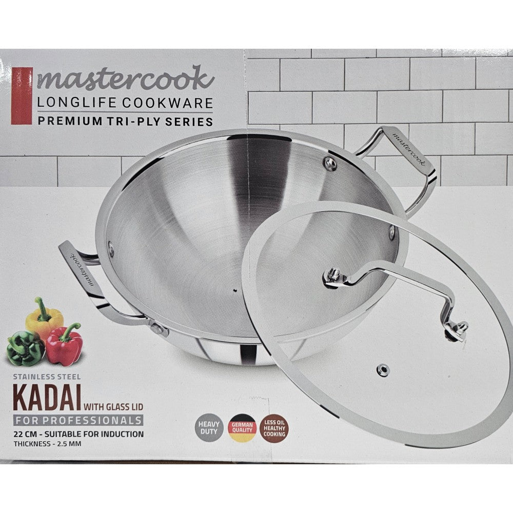 MASTERCOOK TRI-PLY STAINLESS STEEL KADAI WITH GLASS LID 22CM \\\KD34395