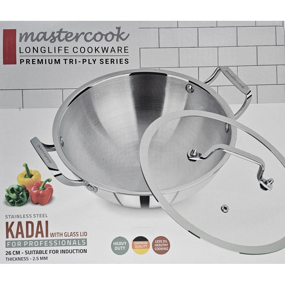 MASTERCOOK TRI-PLY STAINLESS STEEL KADAI WITH GLASS LID 26CM \\\KD34396
