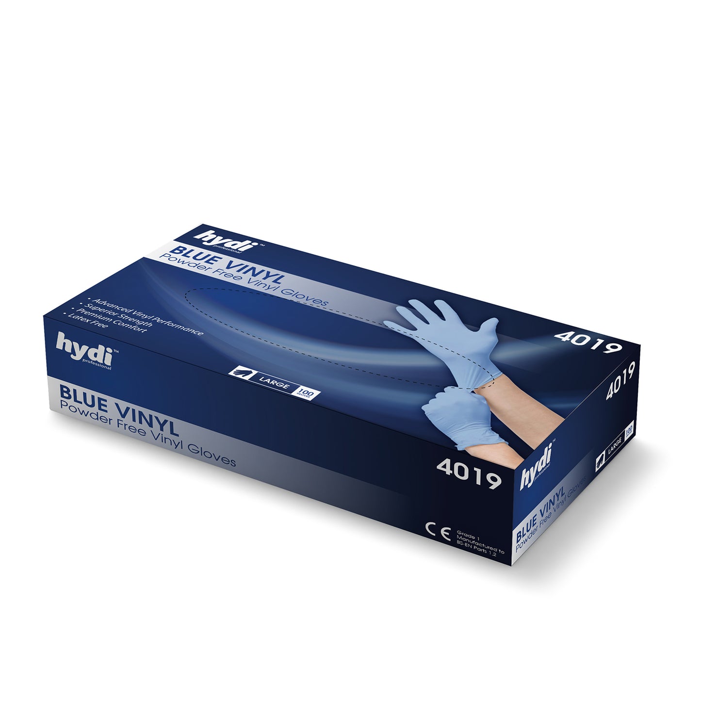 HYDI BLUE VINYL POWDER FREE GLOVES 100/PK - LARGE. HY4019 \\\KD34497