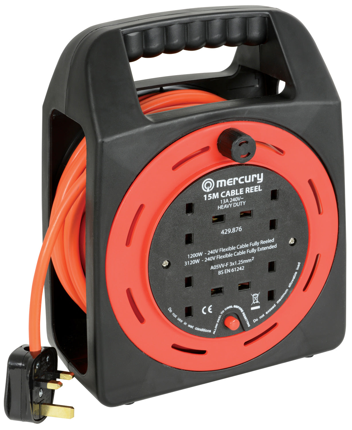 MERCURY 4 GANG 15MTR EXTENSION REEL WITH THERMAL CUT OUT AND CARRY HANDLE \\\KD34504