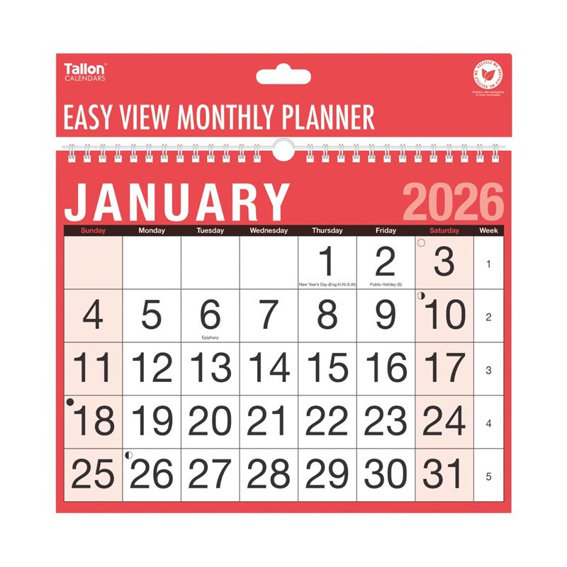 TALLON EASY VIEW MONTH TO VIEW CALENDER 2026. TA3802 \\\KD34784
