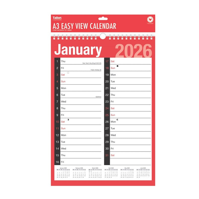 TALLON A3 2 COLUMN EASY VIEW MONTH TO VIEW CALENDAR 2026 12/PK. TA3806 \\\KD34785
