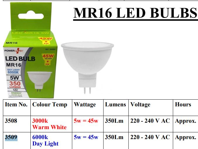 POWER PLUS ENERGY SAVING MR16 5W DAY LIGHT LED BULB. 3509 \\\KD35040