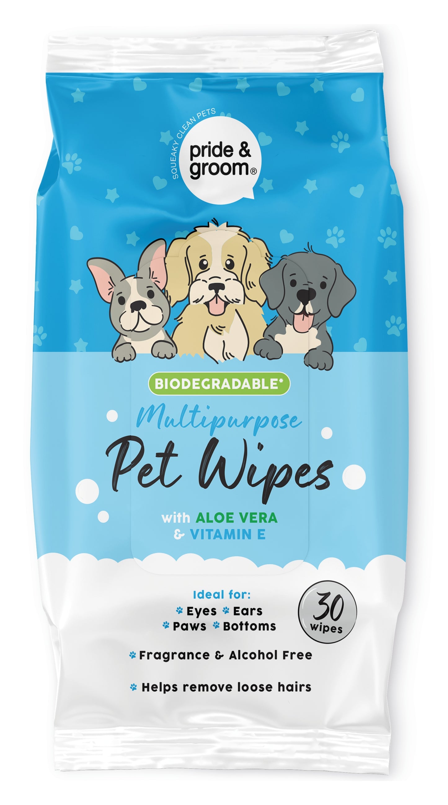 PRIDE & GROOM BIODEGRADABLE MULTIPURPOSE PET WIPES 30/PK. PG1014 \\\KD35087
