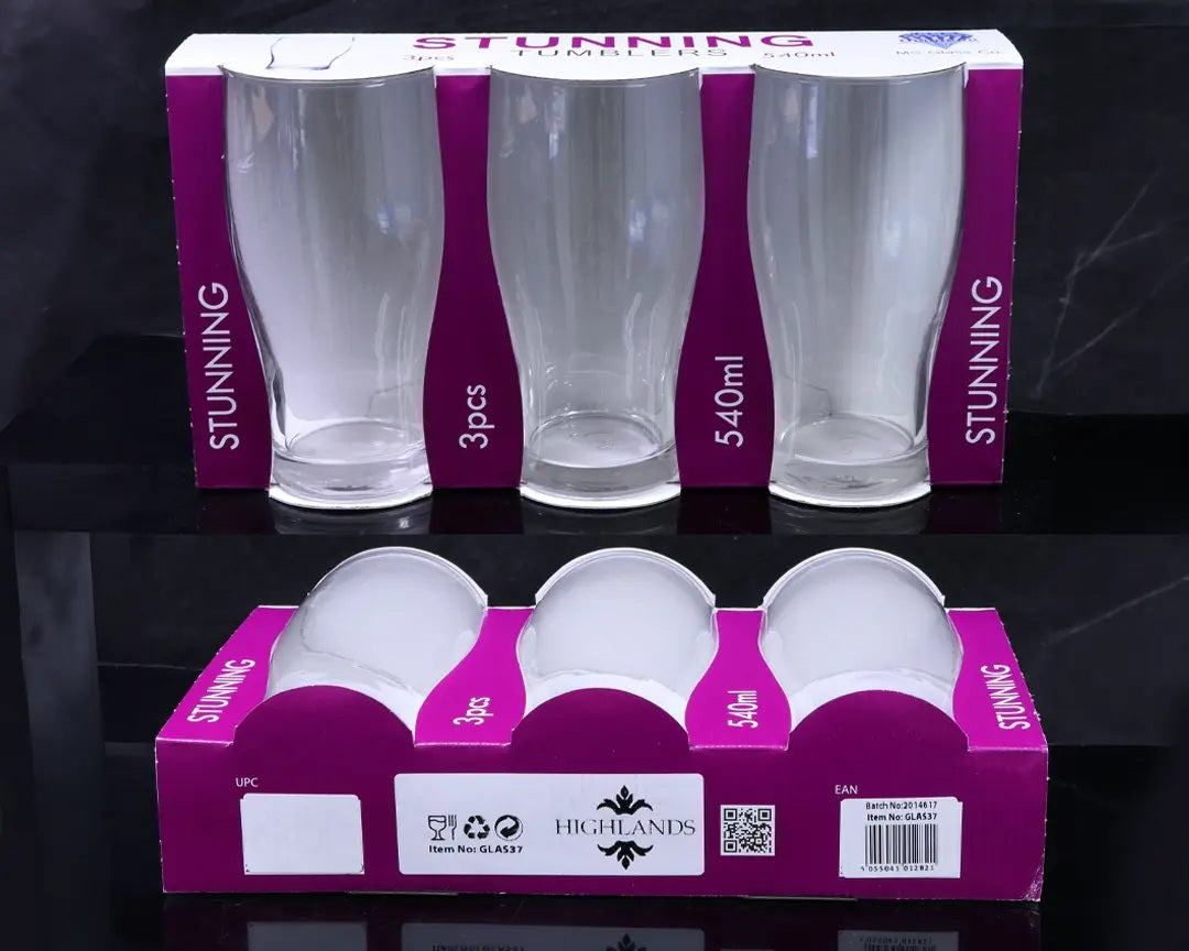 HIGHLANDS STUNNING PINT GLASS TUMBLER 540ML 3/PK. GLAS37 \\\KD35148