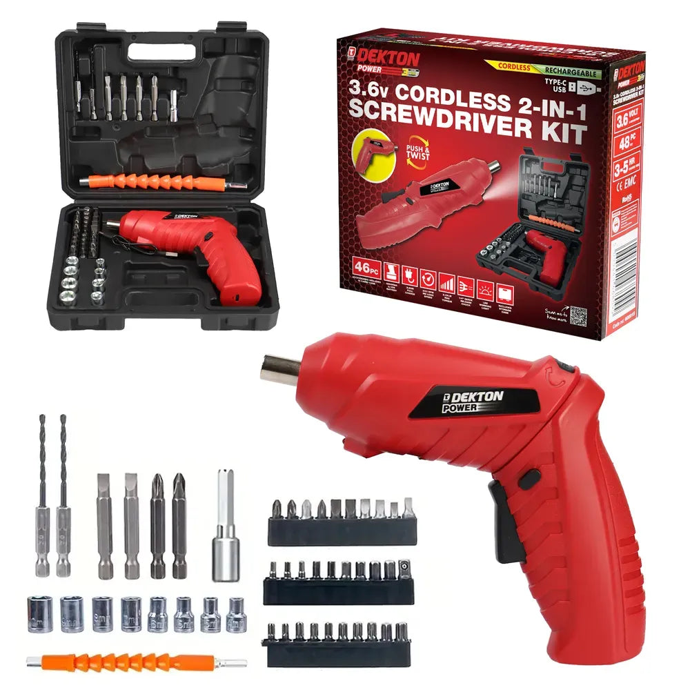 DEKTON 2 IN 1 3.6V CORDLESS SCREWDRIVER DRILL SET WITH RECHARGEABLE BATTERY. DT600015 \\\KD35290