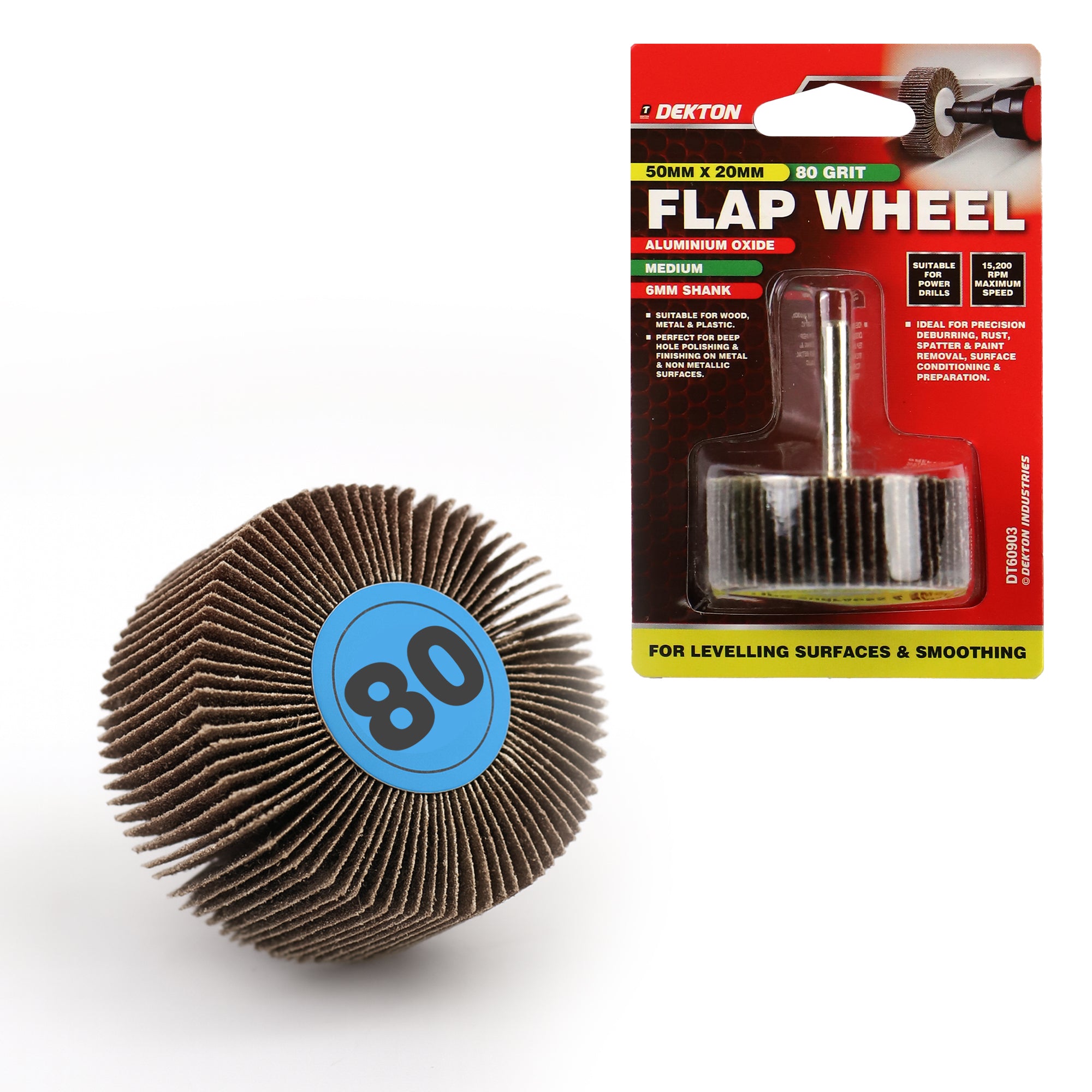 DEKTON 80 GRIT FLAP WHEEL 50MM X 20MM - MEDIUM. DT60903 \\\KD35304
