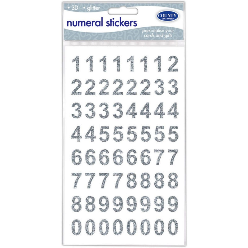 COUNTY 3D SILVER GLITTER NUMERAL STICKERS. C909 \\\KD35319