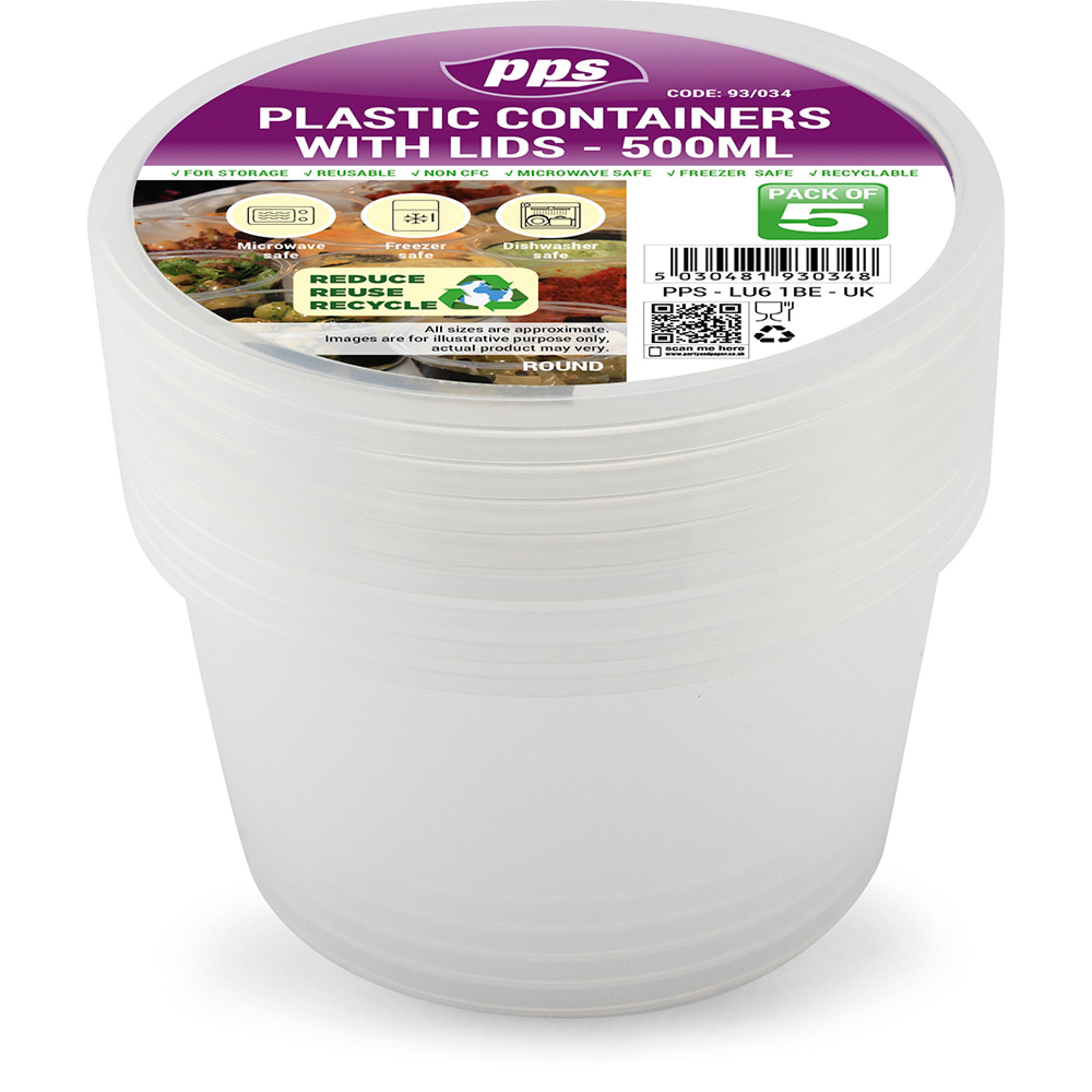 PPS CLEAR PLASTIC ROUND FOOD CONTAINERS WITH LID 550ML 5/PK. PPS93034 \\\KD35393