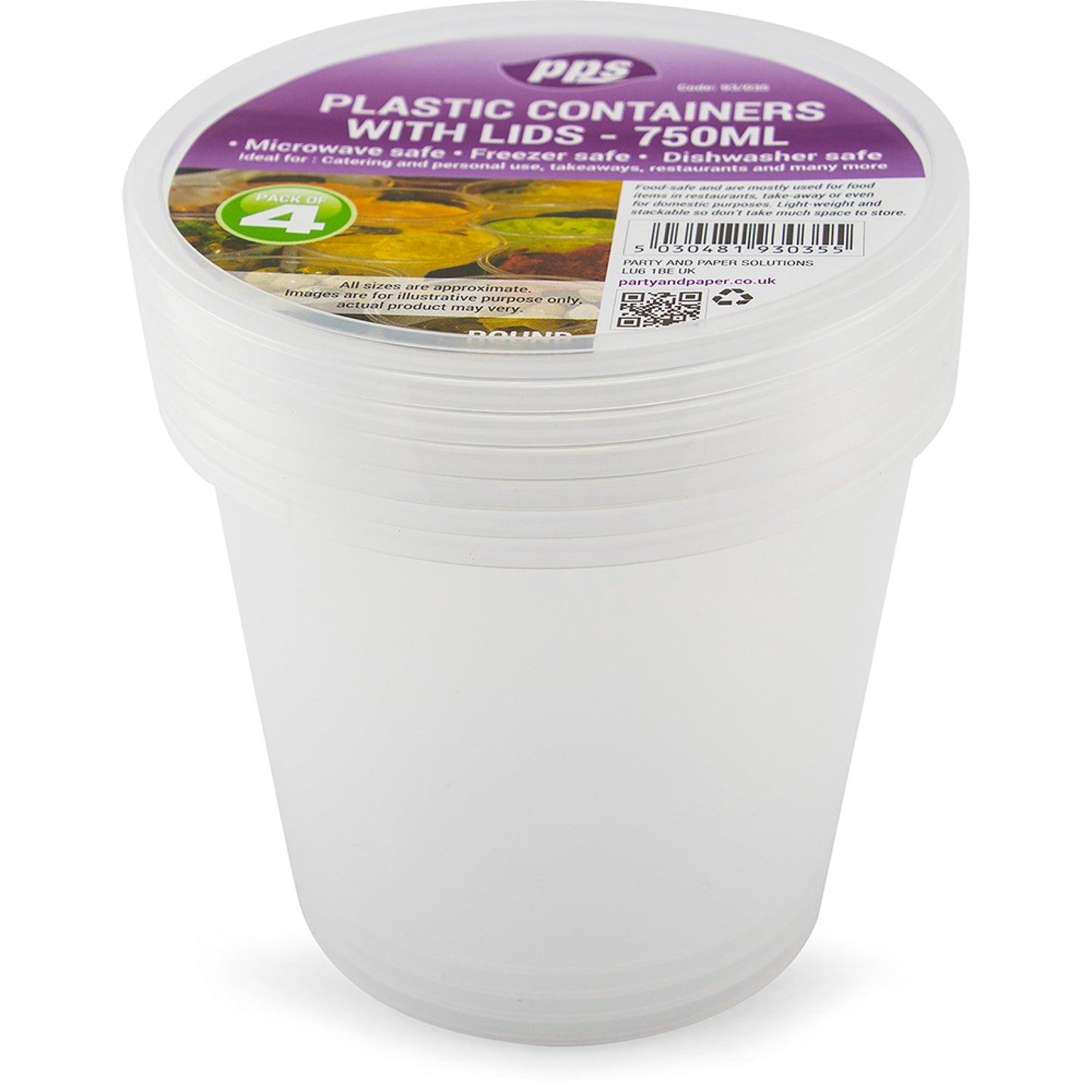 PPS CLEAR PLASTIC ROUND FOOD CONTAINERS WITH LID 700ML 4/PK. PPS93035 \\\KD35394