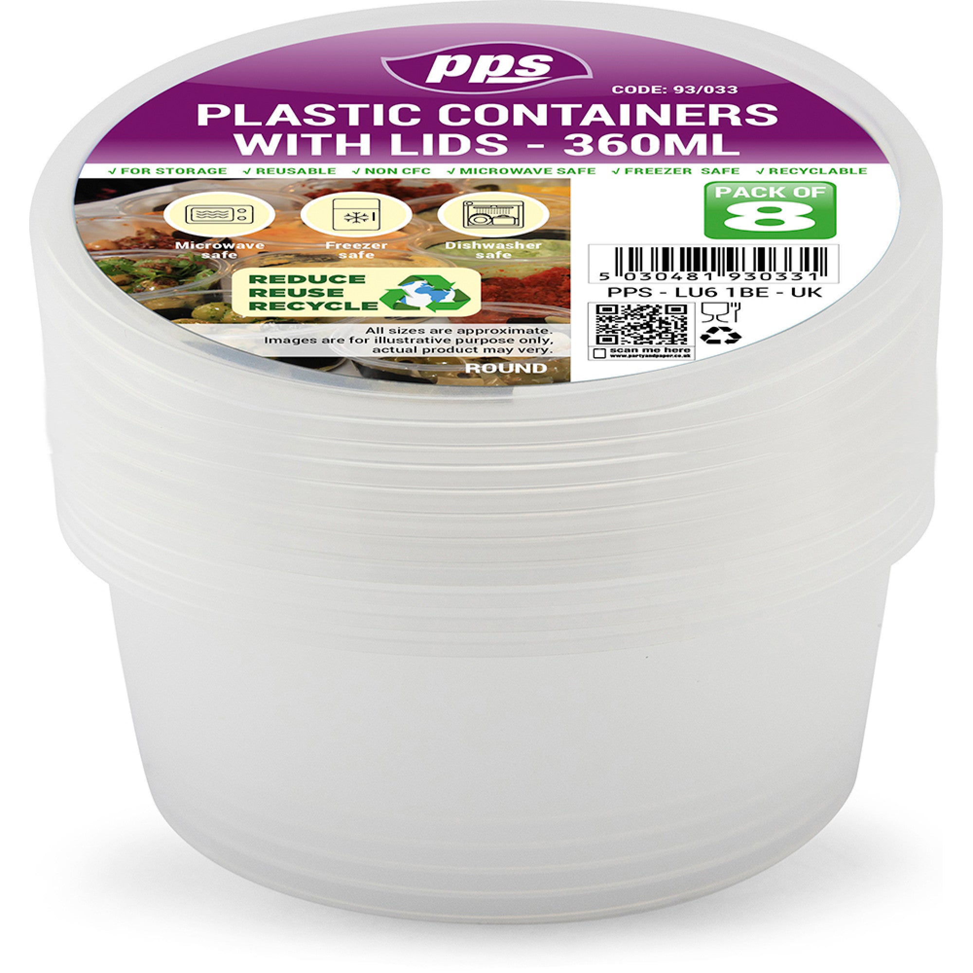 PPS CLEAR PLASTIC ROUND FOOD CONTAINERS WITH LID 360ML 8/PK. PPS93033 \\\KD35401