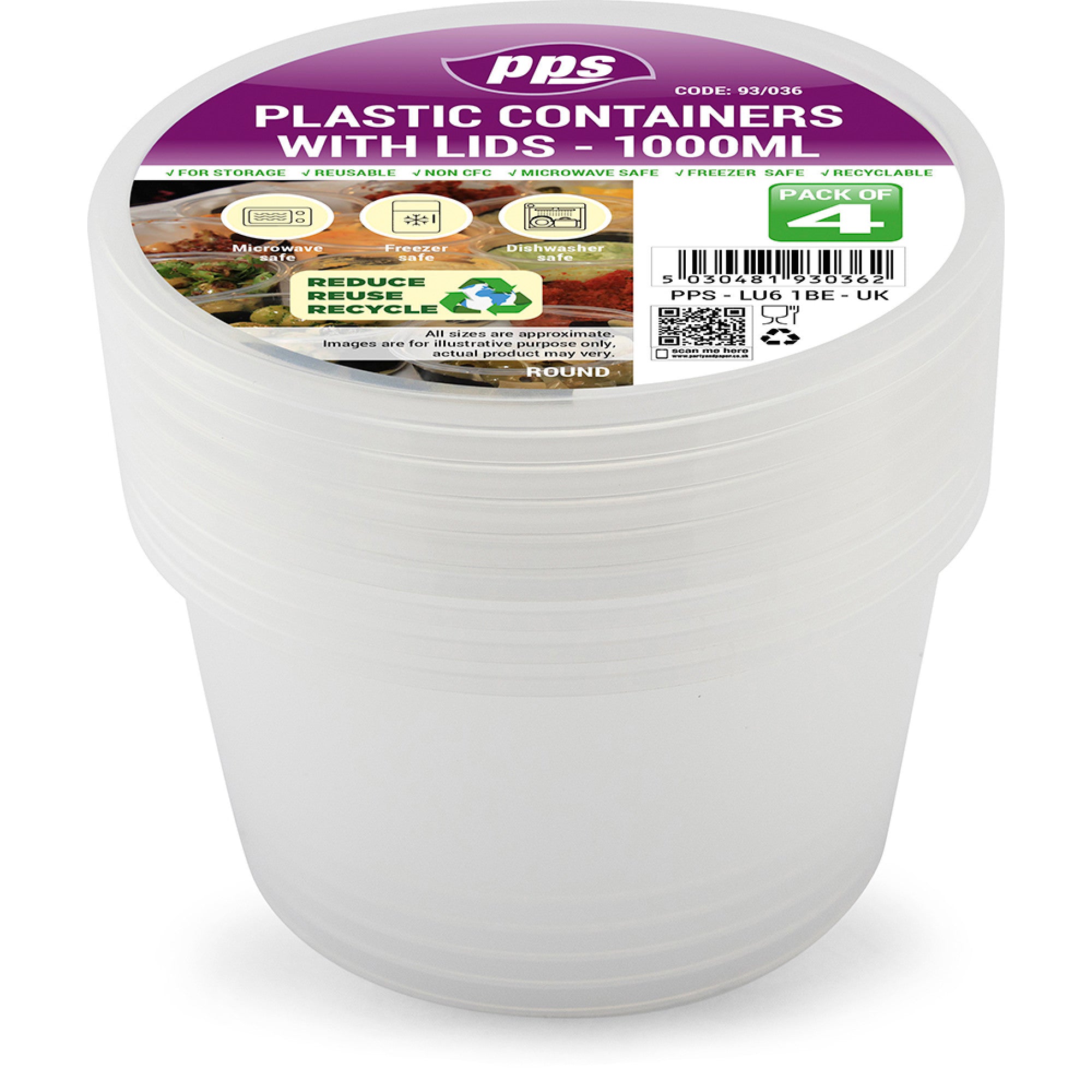 PPS CLEAR PLASTIC ROUND FOOD CONTAINERS WITH LID 1000ML 4/PK. PPS93036 \\\KD35402