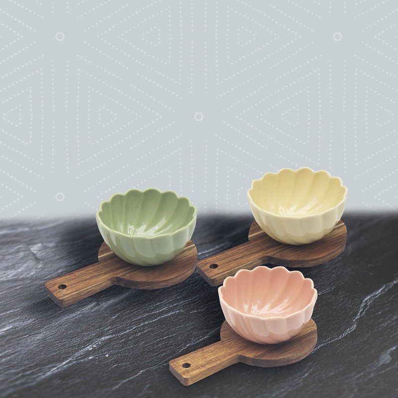 SET OF 3 ELEMENTS SNACKS BOWL WITH WOODEN TRAY. LP74932 \\\KD35488