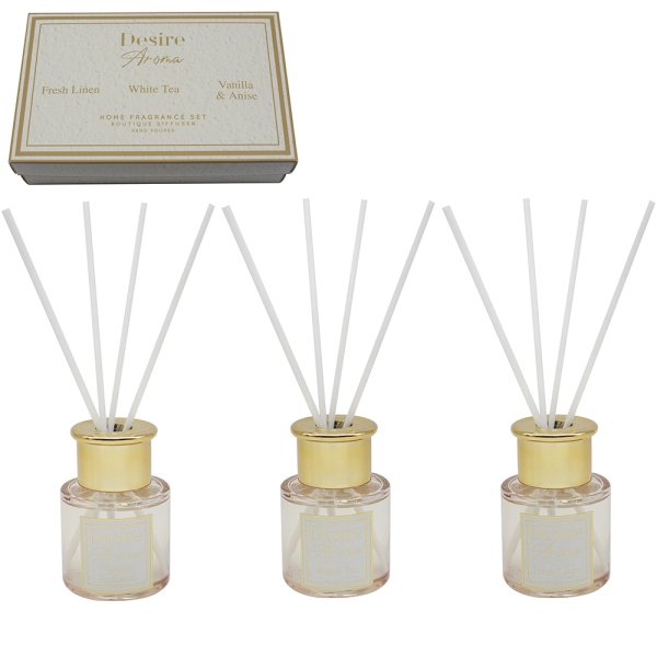 SET OF 3 DESIRE AROMA FRSH LINEN & WHITE TEA & VANILLA DIFFUSER. LP76766 \\\KD35499