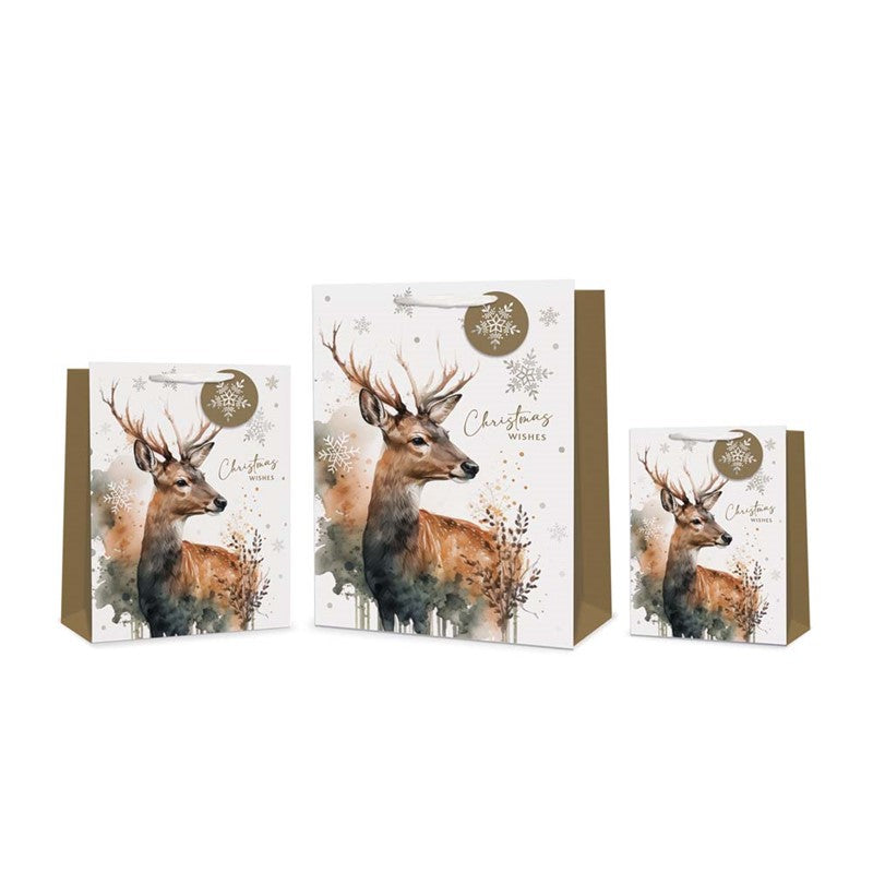 TALLON CHRISTMAS WATERCOLOUR STAG MEDIUM GIFT BAGS 23 X 18CM. TAX9433A \\\KD35529