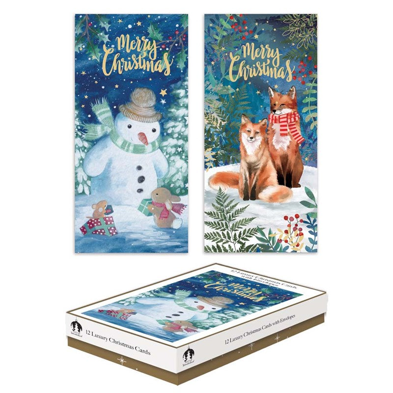 CHRISTMAS CARDS  WOOD SNOWMAN / FOX - PACK OF 12 SLIM BOXED. TAX9024A \\\KD35575