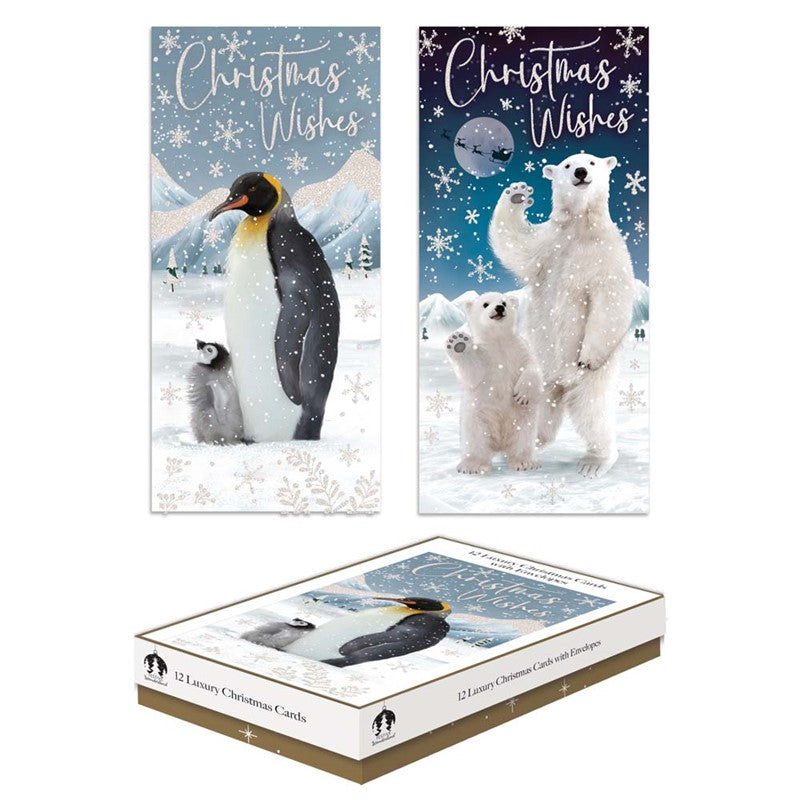 CHRISTMAS CARDS POLAR BEAR / PENGUIN - PACK OF 12 SLIM BOXED. TAX9032A \\\KD35578