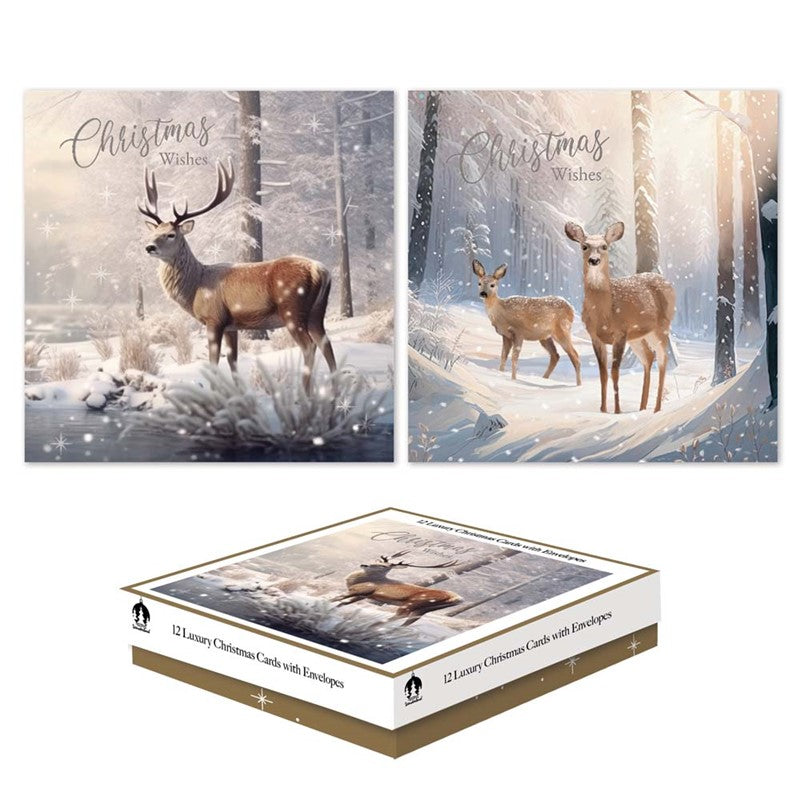 CHRISTMAS CARDS  SNOW DEERS - PACK OF 12 SQUARE BOXED. TAX9040A \\\KD35581