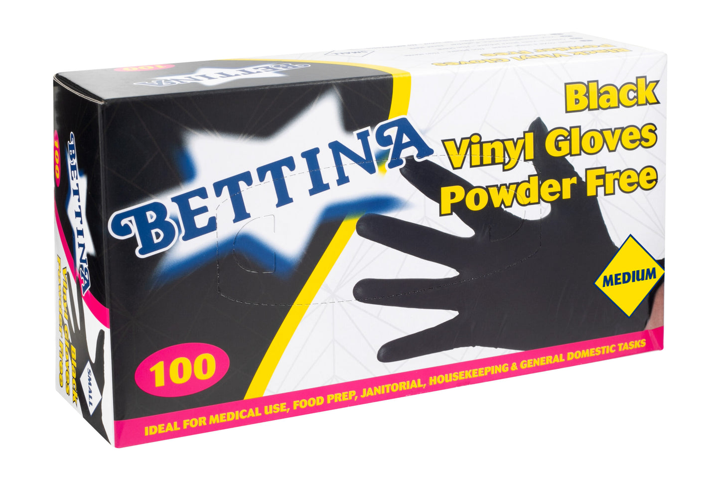 BETTINA BLACK POWDER FREE VINYL GLOVES 100/PK - SMALL. B411S \\\KD35866