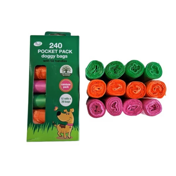 TIDYZ ASSORTED RAINBOW POCKET PACK DOGGY BAGS WITH TIE 240/PK. B0726 \\\KD36030