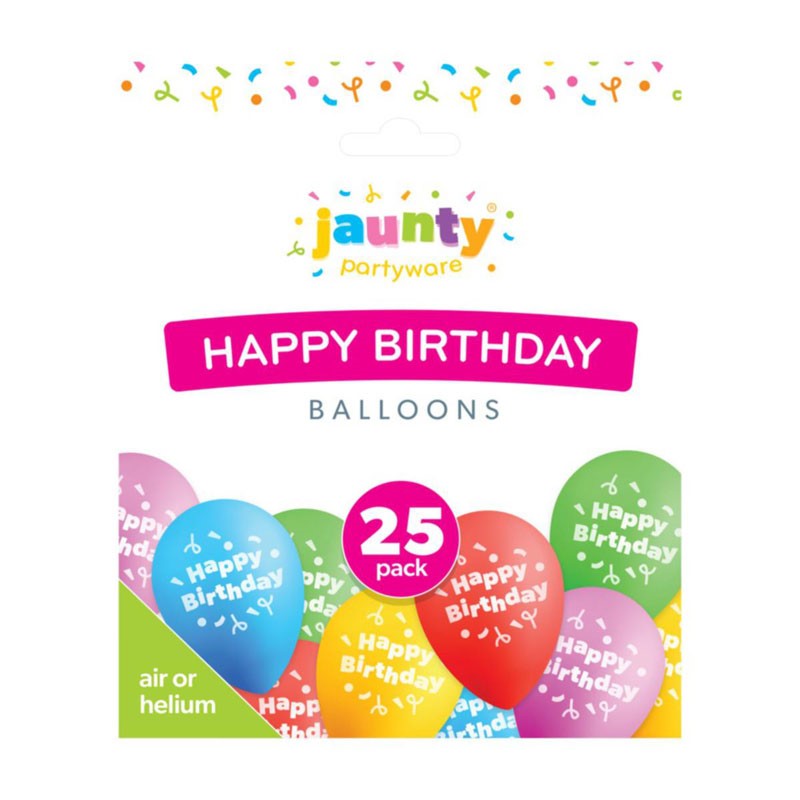 JAUNTY PARTYWARE ASSORETD COLOUR HAPPY BIRTHDAY HELIUM BALLOONS 25P/K. OL324181 \\\KD36099