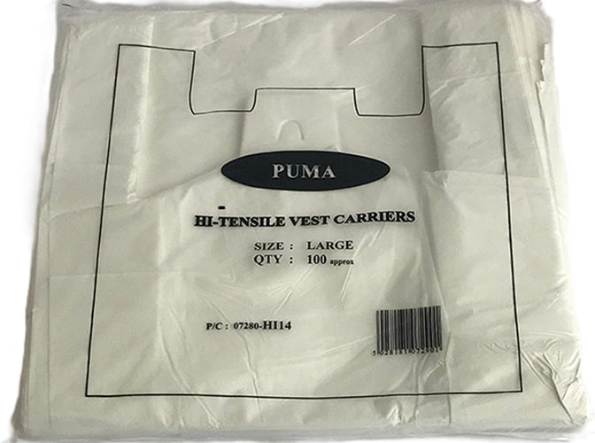 PUMA WHITE LARGE HI-TENSILE VEST CARRIER BAGS 28 X 43 X 53CM 100/PK. 07280-HI14 \\\KD36121