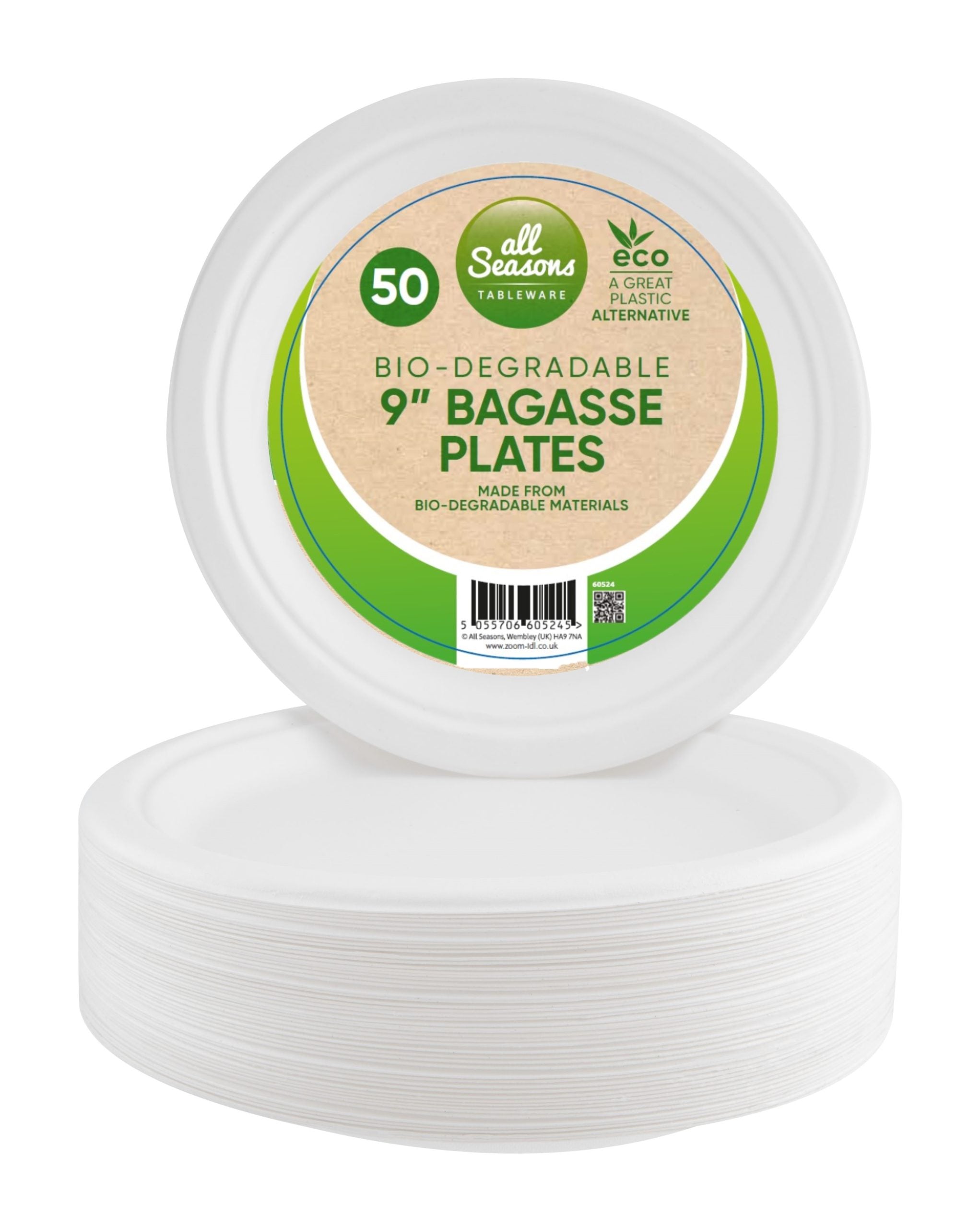 ALL SEASONS BAGASSE BIODEGRADABLE ROUND PLATE 9" / 23CM 50/PK. Z60524 \\\KD36150