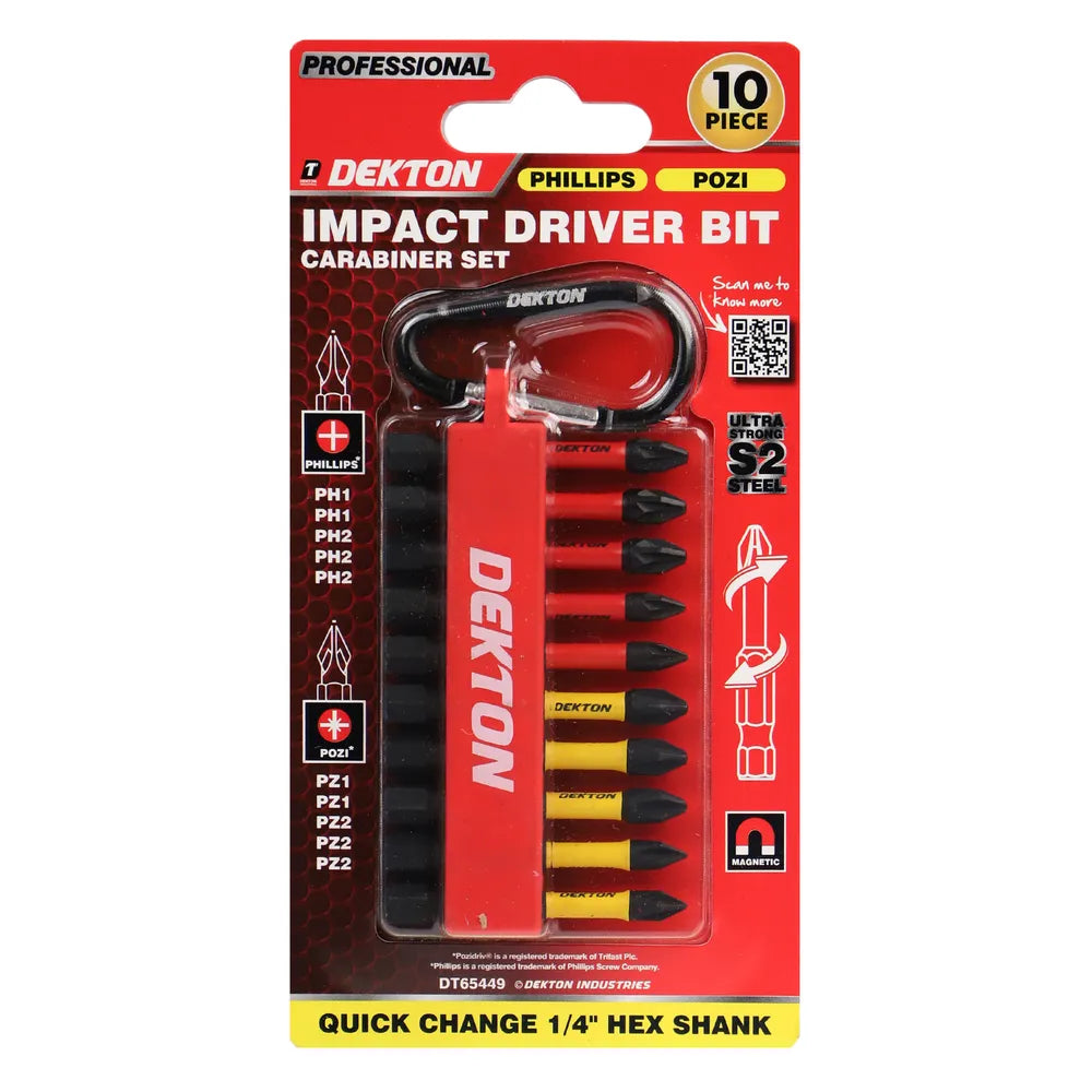 DEKTON 10PCS IMPACT DRIVER BIT SET POZI NO2 X 3 POZI NO1 X 2 PH2 X 3 PH1X 2 \\\KD36370