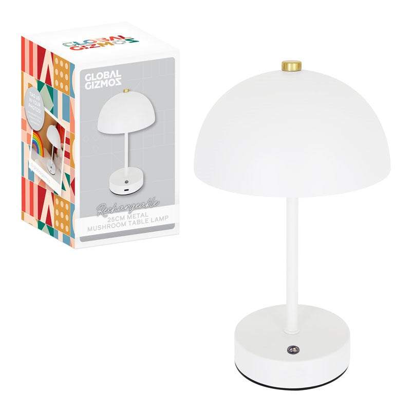 GLOBAL GLAZMOS RECHARGABLE METAL MUSHROOM TABLE LAMP WHITE 25CM \\\KD36464