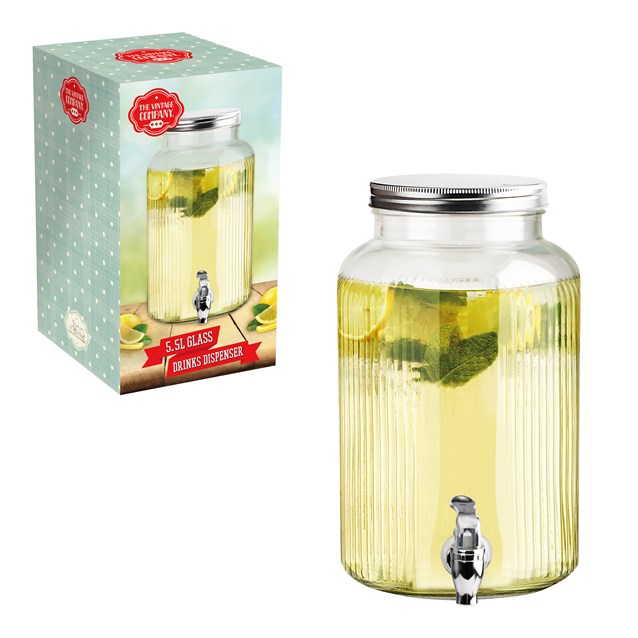 THE VINTAGE COMPANY GLASS JAR DRINK DISPENSER WITH TAP & SCREW LID JUG 5.5LTR \\\KD36470