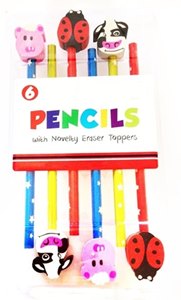 PACK OF 5 PENCILS WITH NOVELTY 3 PCS ERASER TOPPERS ANIMAL. NVPT \\\NVPT
