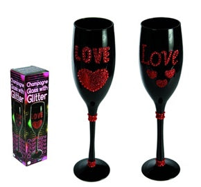 BLACK CHAMPAGNE GLASS WITH GLITTER HEARTS AND RED DIAMANTE LOVE ( ONLY ONE ). OB750027 \\\OB750027