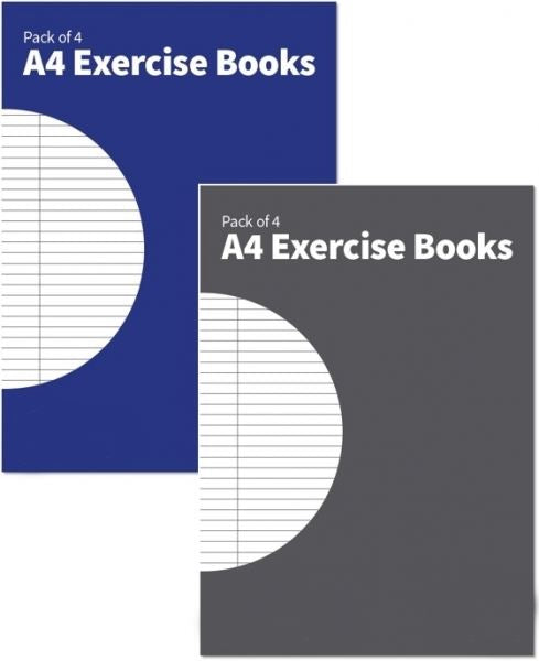 PACK OF 4 ASSORTED COLOURS A4 EXERCISE BOOKS. P1001 \\\P1001